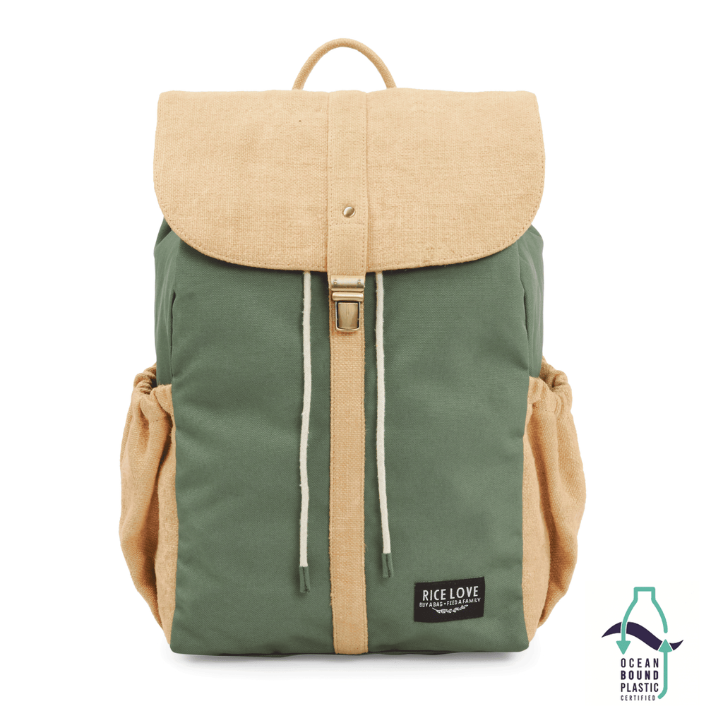 Green and beige backpack with 'Rice Love' label on a white background. Made with ocean bound plastic logo in bottom right hand corner