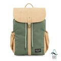 Green and beige backpack with 'Rice Love' label on a white background. Made with ocean bound plastic logo in bottom right hand corner