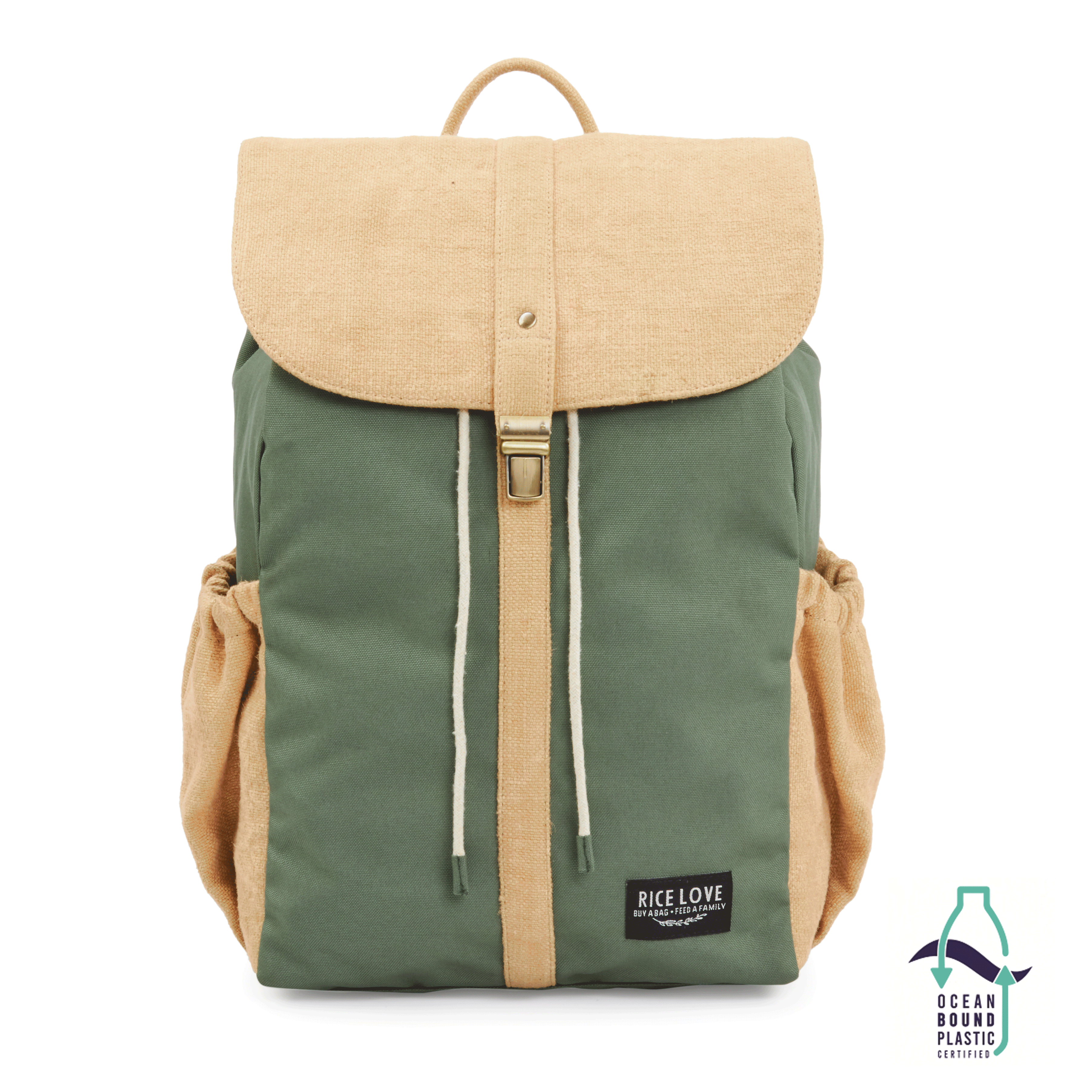 Green and beige backpack with 'Rice Love' label on a white background. Made with ocean bound plastic logo in bottom right hand corner
