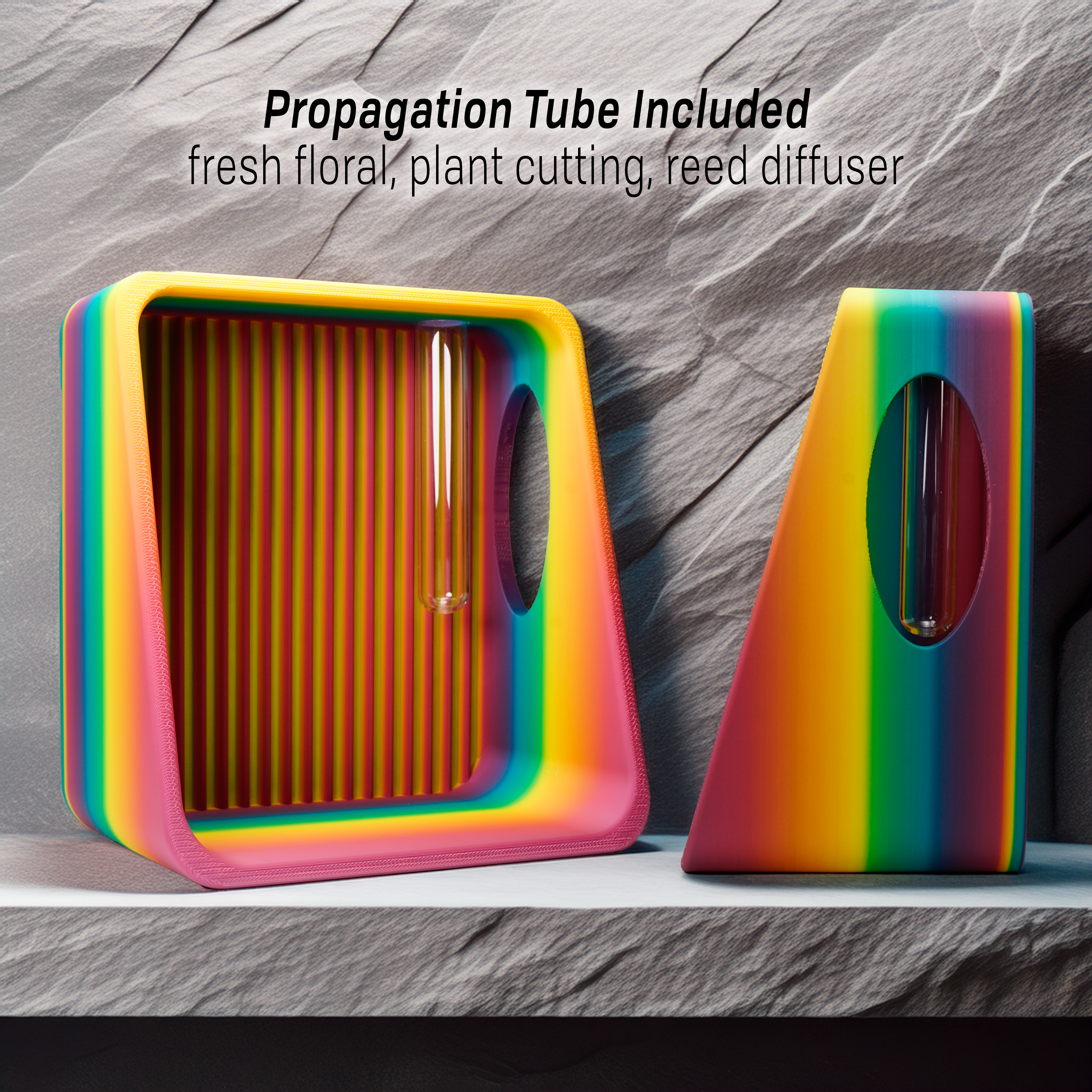 Colorful propagation planter on a wooden surface with propagation tube included and text indicating their use.