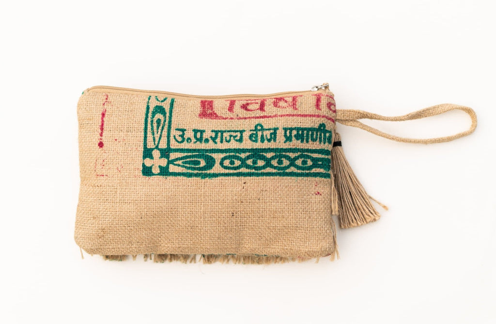 Jute pouch with printed design and text on a white background