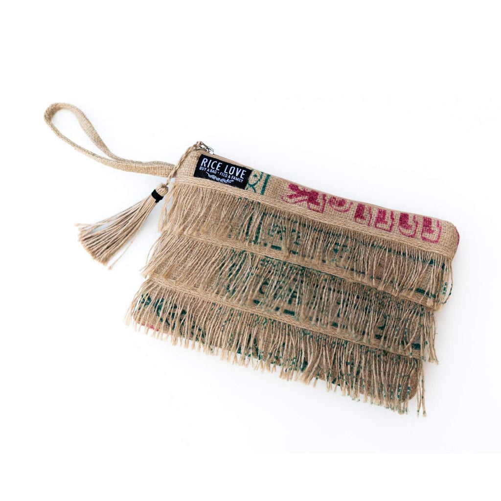 Fringe clutch bag with 'Rice Love' label on a white background