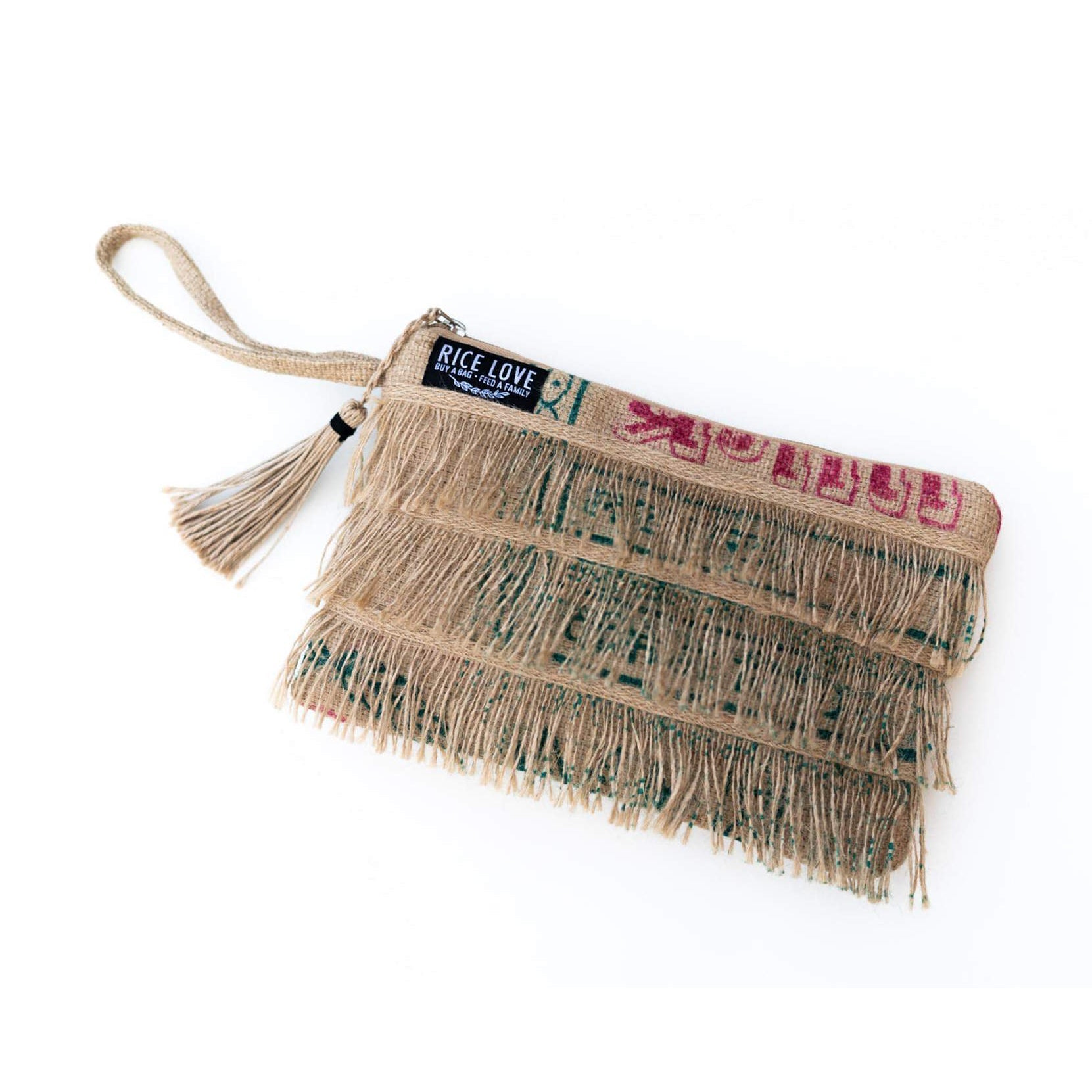 Fringe clutch bag with 'Rice Love' label on a white background