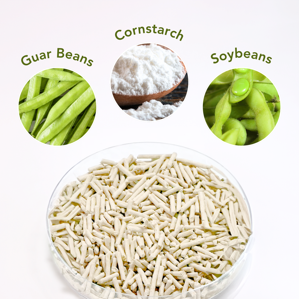 soykitty kitty litter is made with guar beans, cornstarch and soybeans.