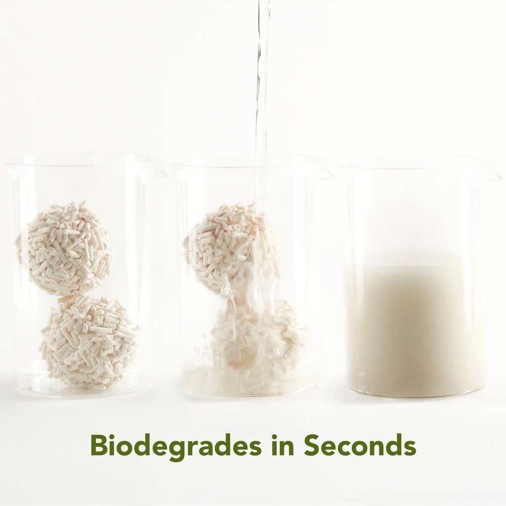 Biodegradable kitty litter with text 'Biodegrades in Seconds' on a white background