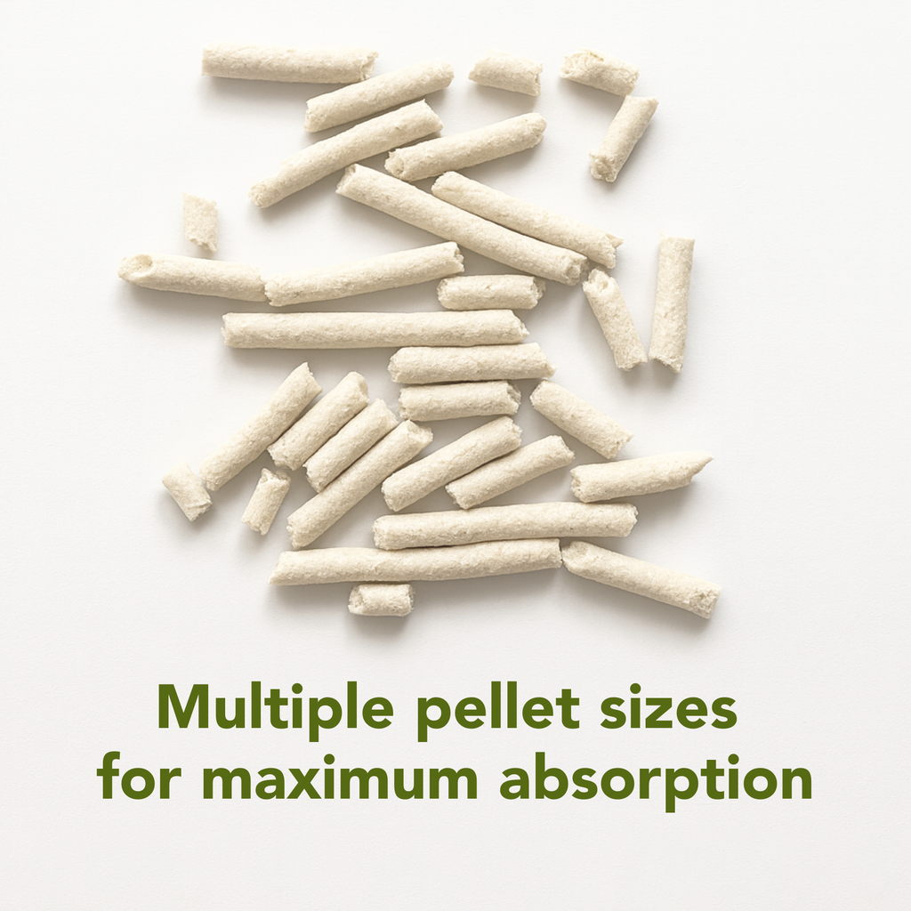 White pellets of various sizes on a white background with text 'Multiple pellet sizes for maximum absorption'.
