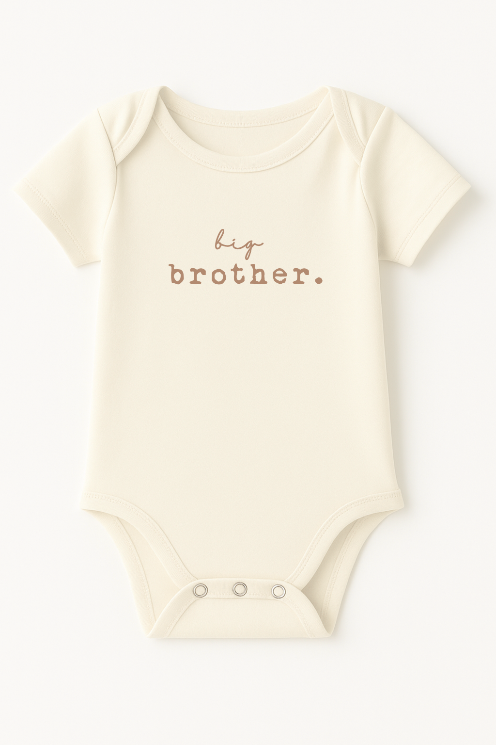 Beige baby onesie with 'big brother' text on a white background