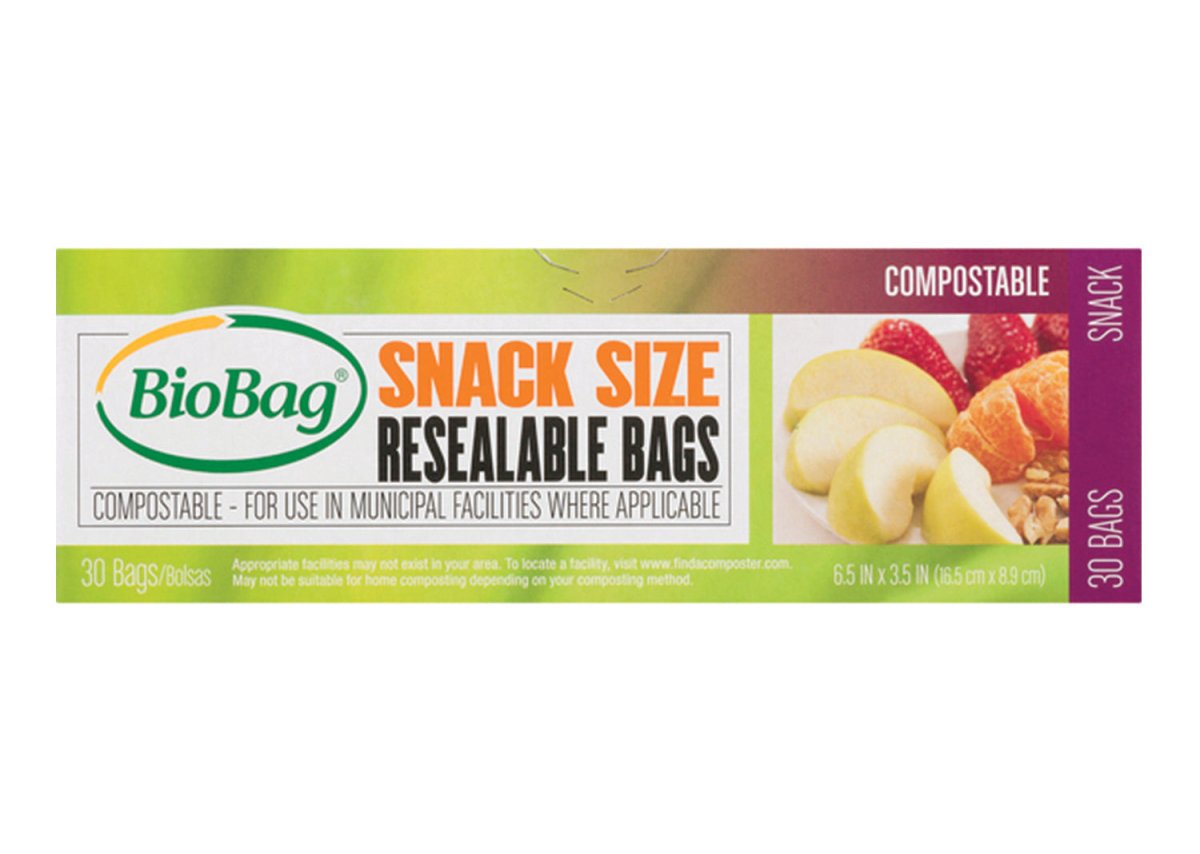 BioBag snack size resealable bags packaging on a white background
