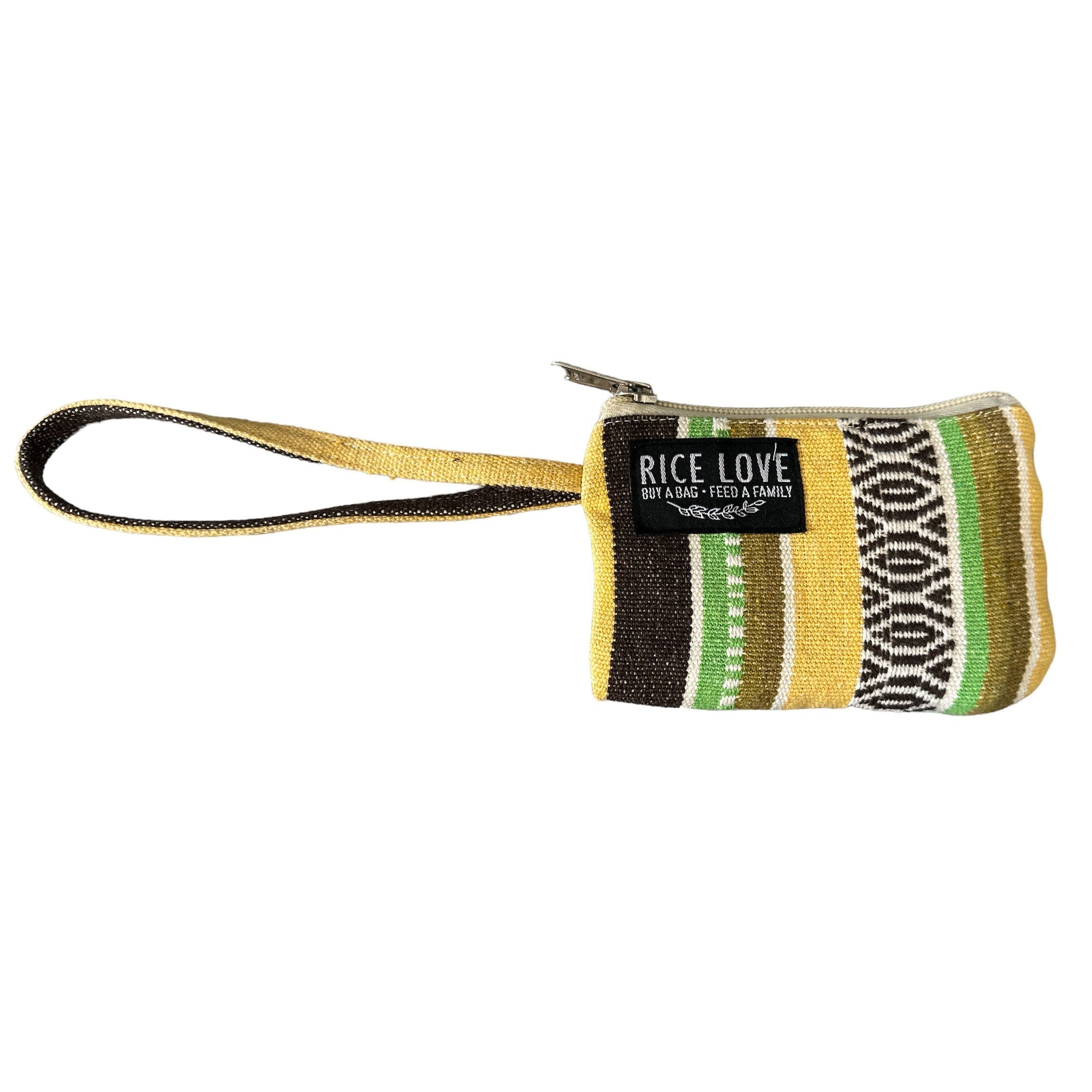 Small wallet with strap with a patterned design and visible brand label on a white background