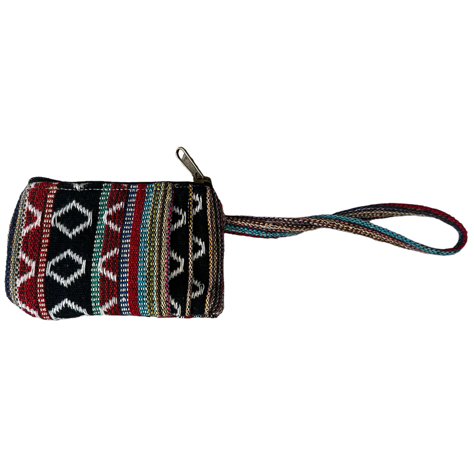 Back side of a small wallet with tribal pattern on a white background
