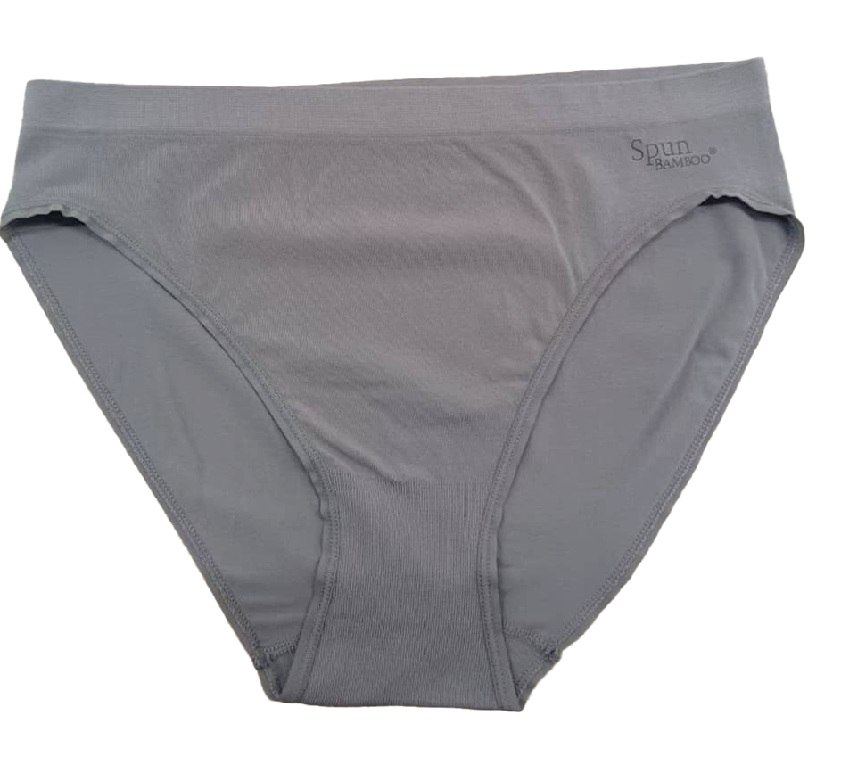 Gray women's high leg underwear with 'Spun Bamboo' label on a white background